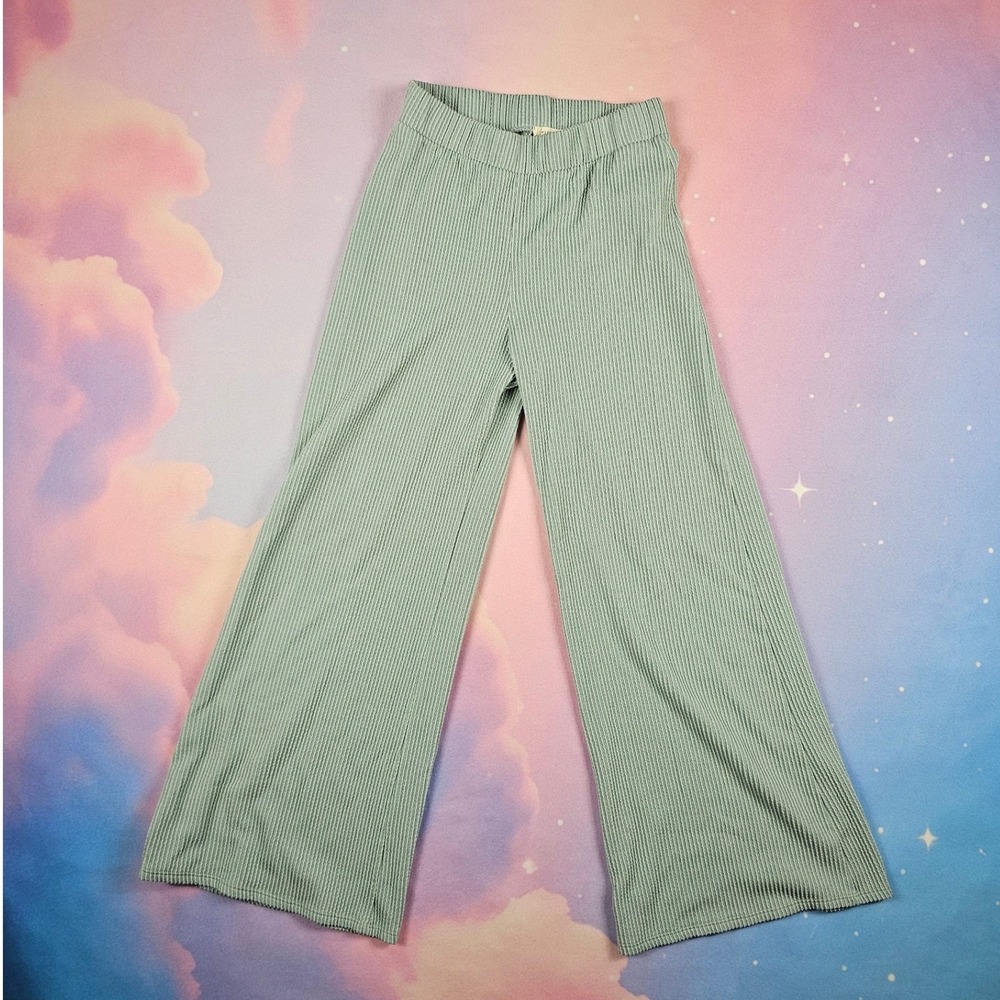Miroh Ribbed Knit Wide Leg Pants Womens Large Sage Green Excellent High‎ Waisted